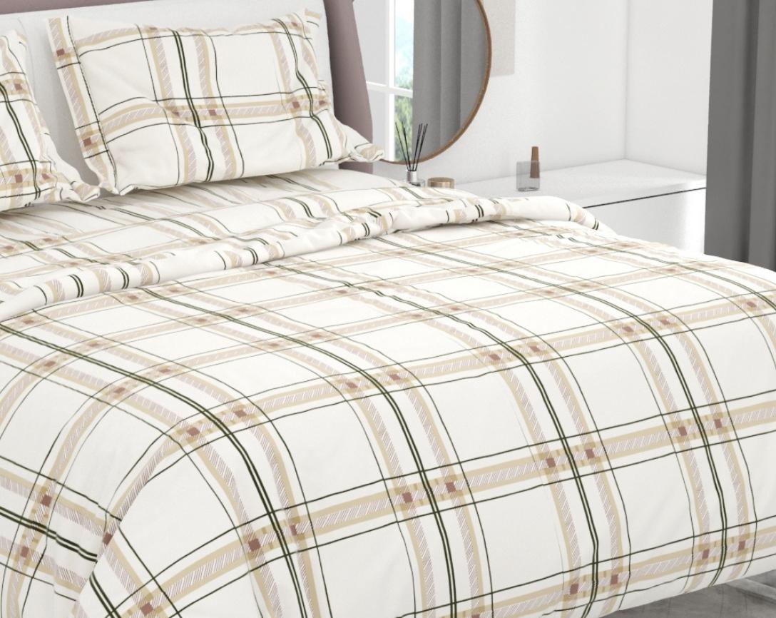 Premium Cotton King Size Double Bed Bedsheet With 2 Pillow Covers-White and Brown Checks