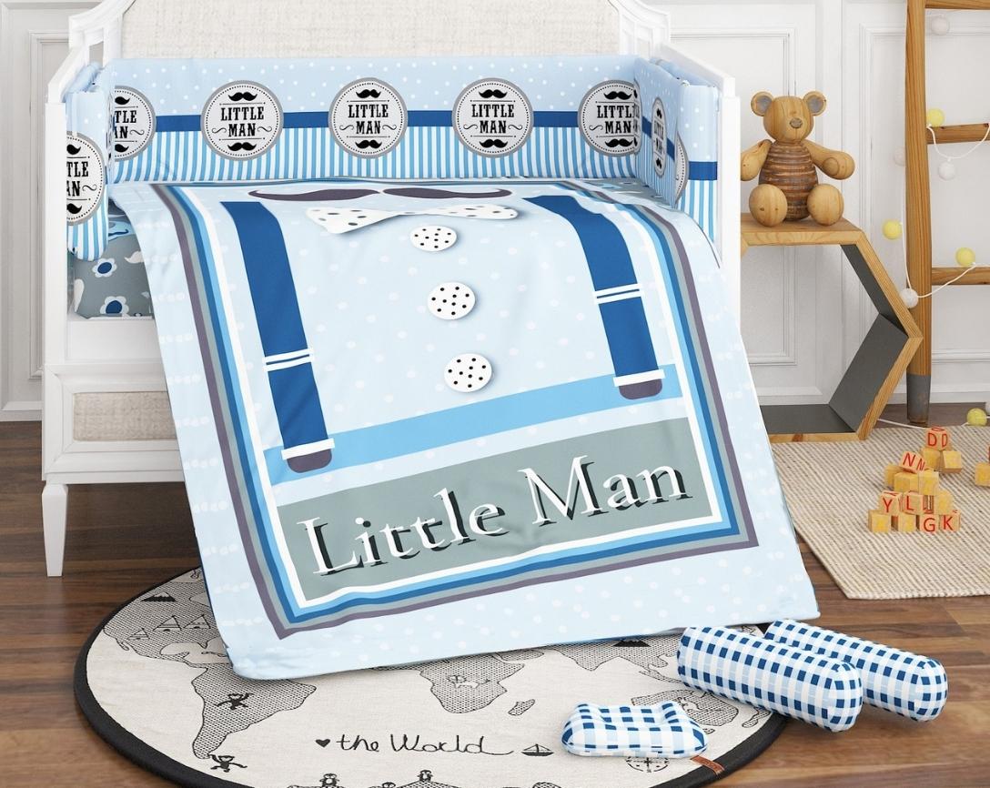 Newborn Cotton 6pc Cot Bedding Set Little Man Theme-Blue & Grey