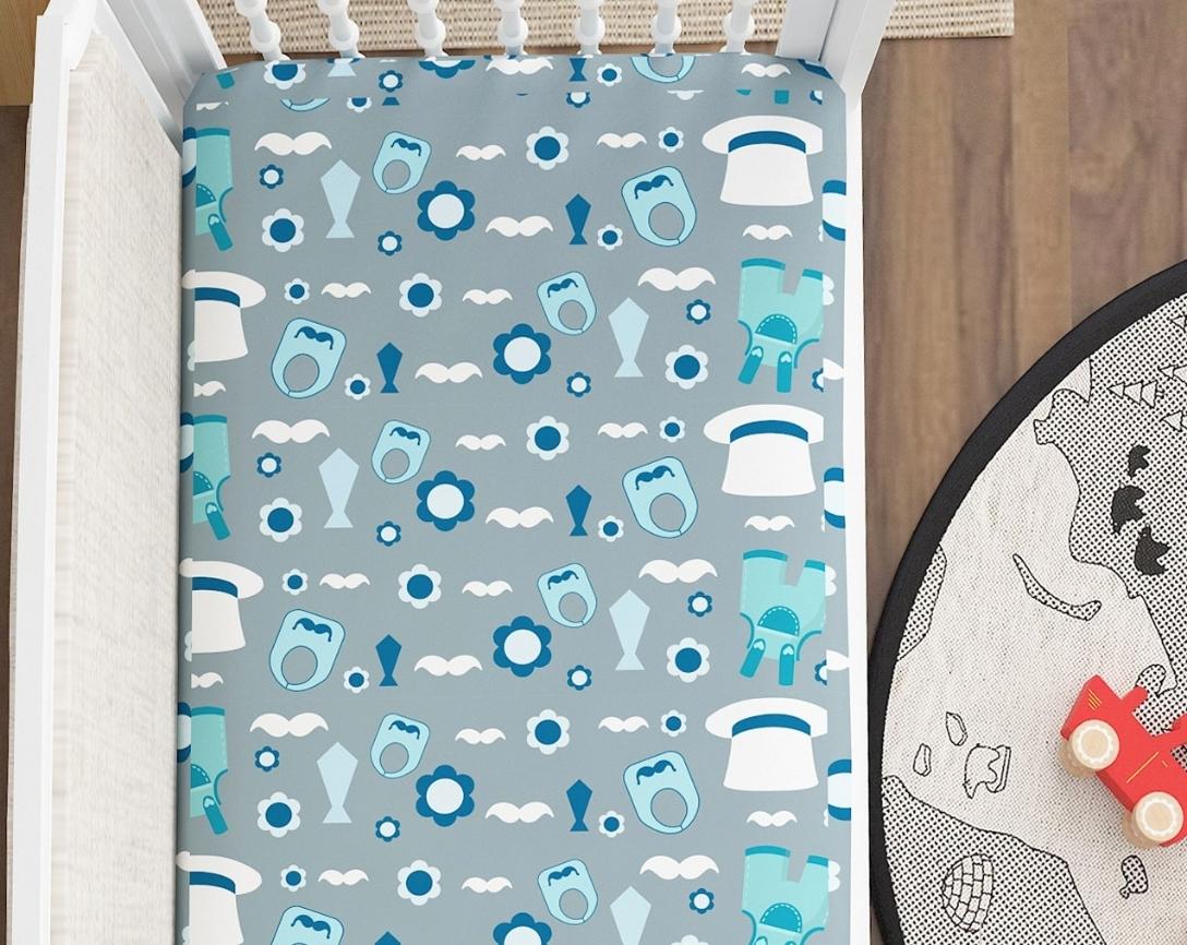 Newborn Cotton 6pc Cot Bedding Set Little Man Theme-Blue & Grey