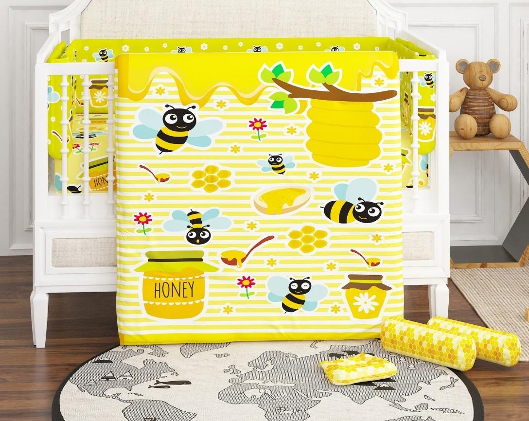 Newborn Cotton 6Pc Cot Bedding Set Honey Bee Theme-Multicolor
