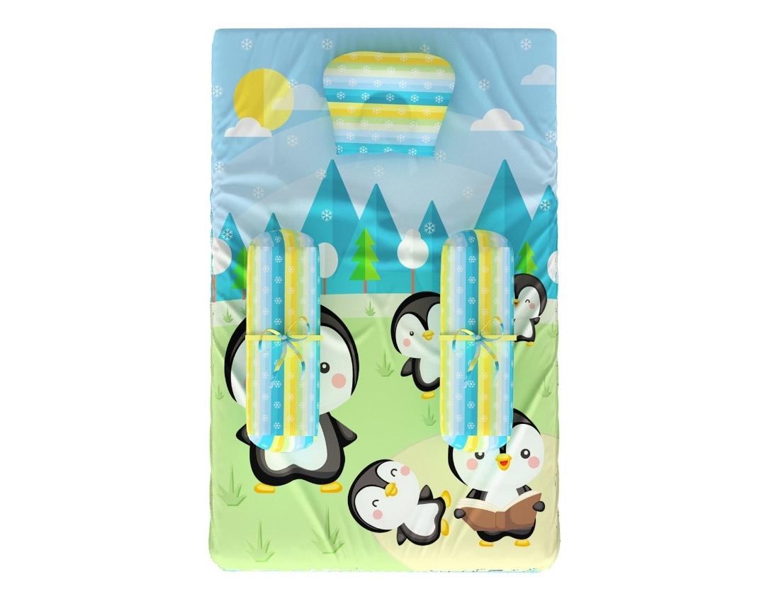 Newborn Cotton 4pc Cot Gadda Set Penguin Theme (Gadda, U Pillow, Bolsters)- Green & Blue