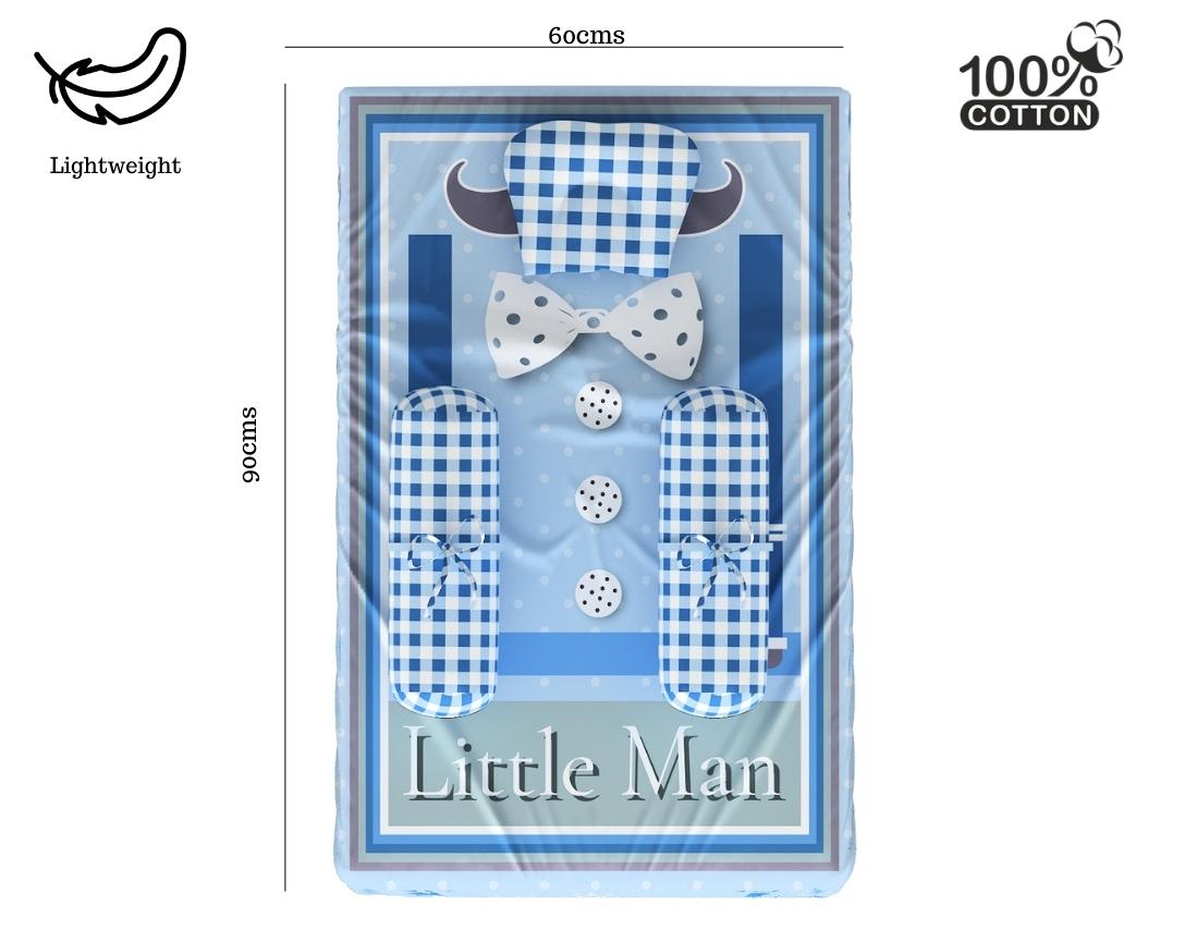 Newborn Cotton 4pc Cot Gadda Set Little Man Theme (Gadda, U Pillow, Bolsters)- Blue & Grey