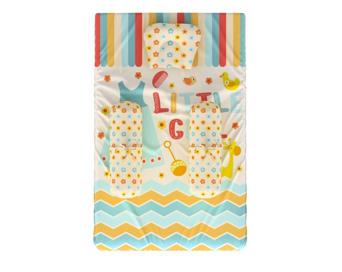 Newborn Cotton 4pc Gadda Set Little Girl Theme (Gadda, U Pillow, Bolsters)- Off White & Red