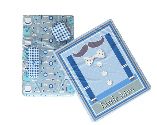 Newborn Cotton 5pc Bedding Set Little Man Theme (Gadda, Comforter, U Pillow, Bolsters)- Blue & Grey