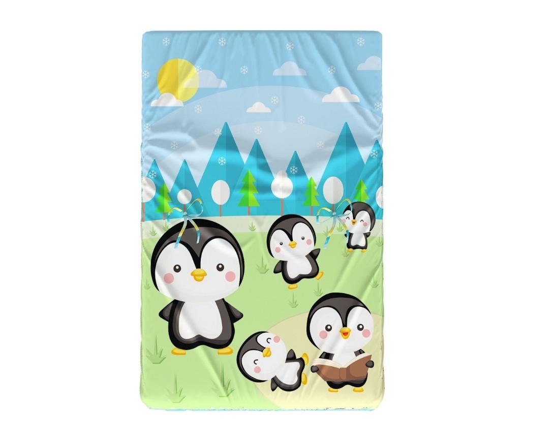 Newborn Cotton 4pc Cot Gadda Set Penguin Theme (Gadda, U Pillow, Bolsters)- Green & Blue