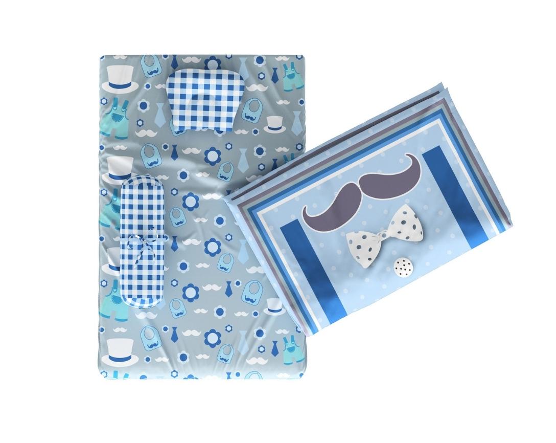 Newborn Cotton 5pc Bedding Set Little Man Theme (Gadda, Comforter, U Pillow, Bolsters)- Blue & Grey
