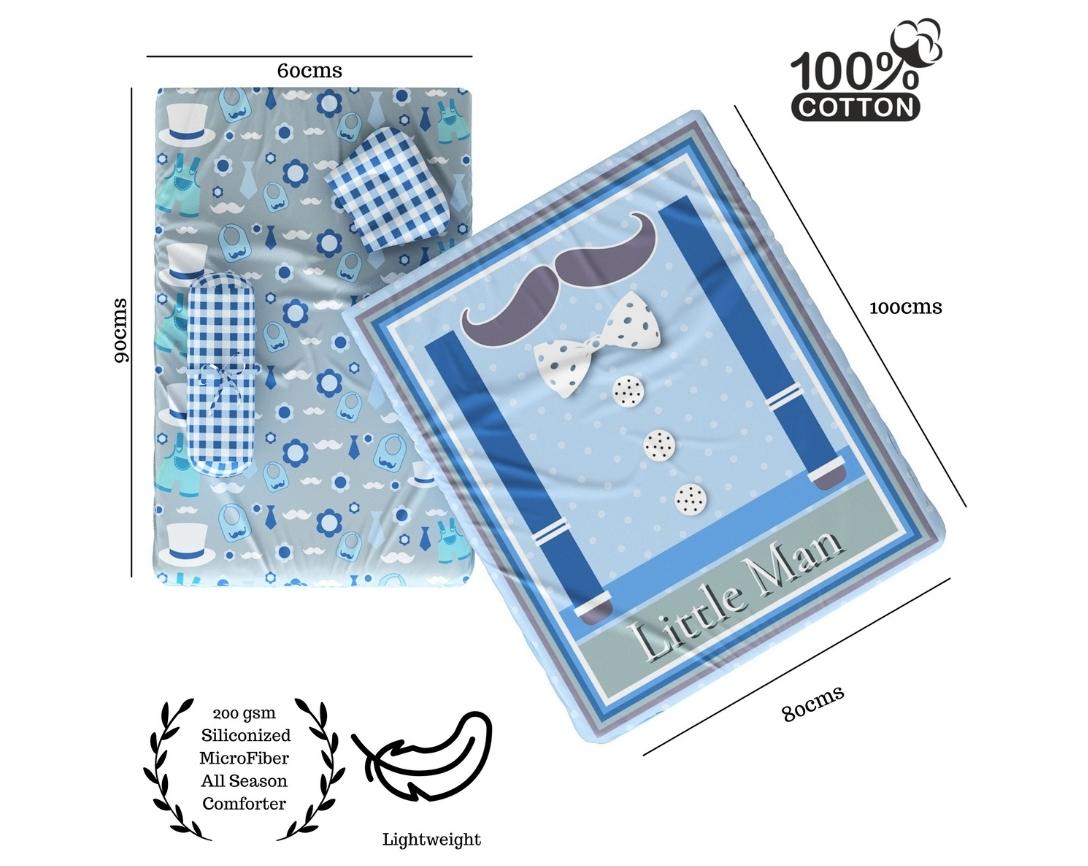 Newborn Cotton 5pc Bedding Set Little Man Theme (Gadda, Comforter, U Pillow, Bolsters)- Blue & Grey
