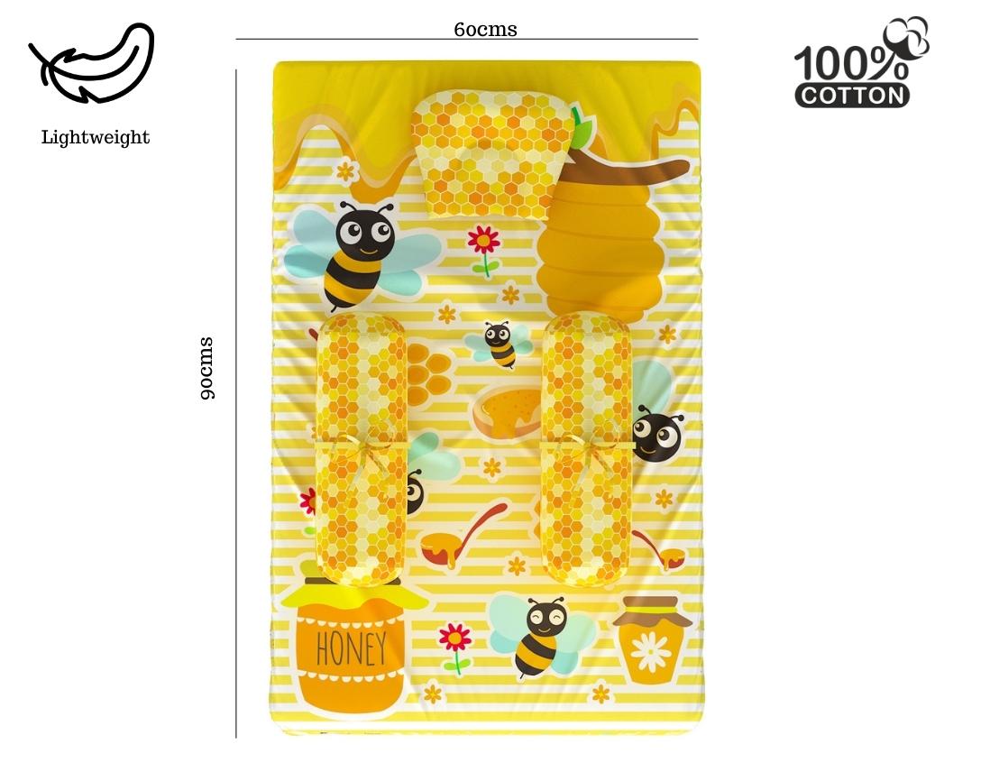 Newborn Cotton 4Pc Gadda Set Honey Bee Theme (Gadda, U Pillow, Bolsters)- Yellow