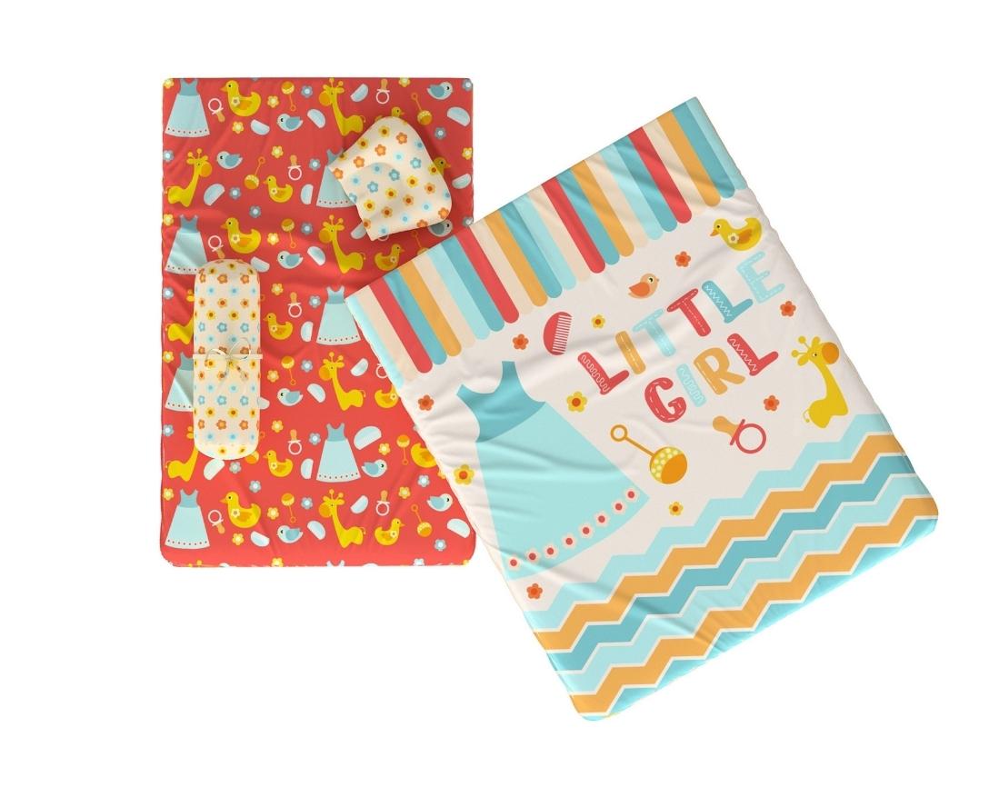 Newborn Cotton 5pc Bedding Set Little Girl Theme (Gadda, Comforter, U Pillow, Bolsters)- Off White & Red