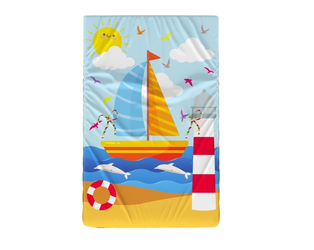 Newborn Cotton Reversible 4pc Gadda Set Boat Theme (Gadda, U Pillow, Bolsters)- Blue