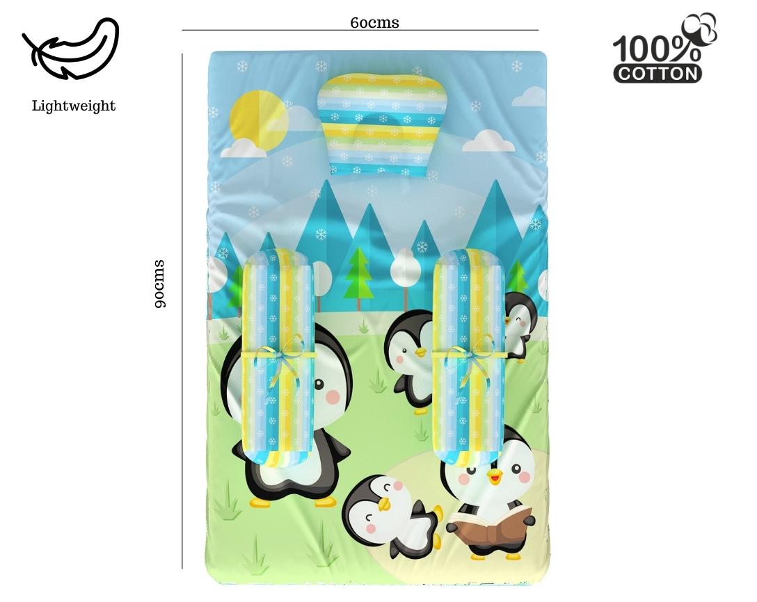 Newborn Cotton 4pc Cot Gadda Set Penguin Theme (Gadda, U Pillow, Bolsters)- Green & Blue