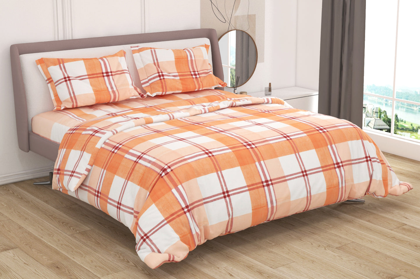 Premium Cotton King Size Double Bed Bedsheet With 2 Pillow Covers-Red & White Check