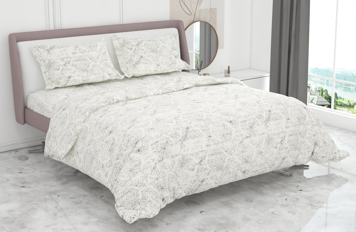 Premium Cotton King Size Double Bed Bedsheet With 2 Pillow Covers-Grey & White