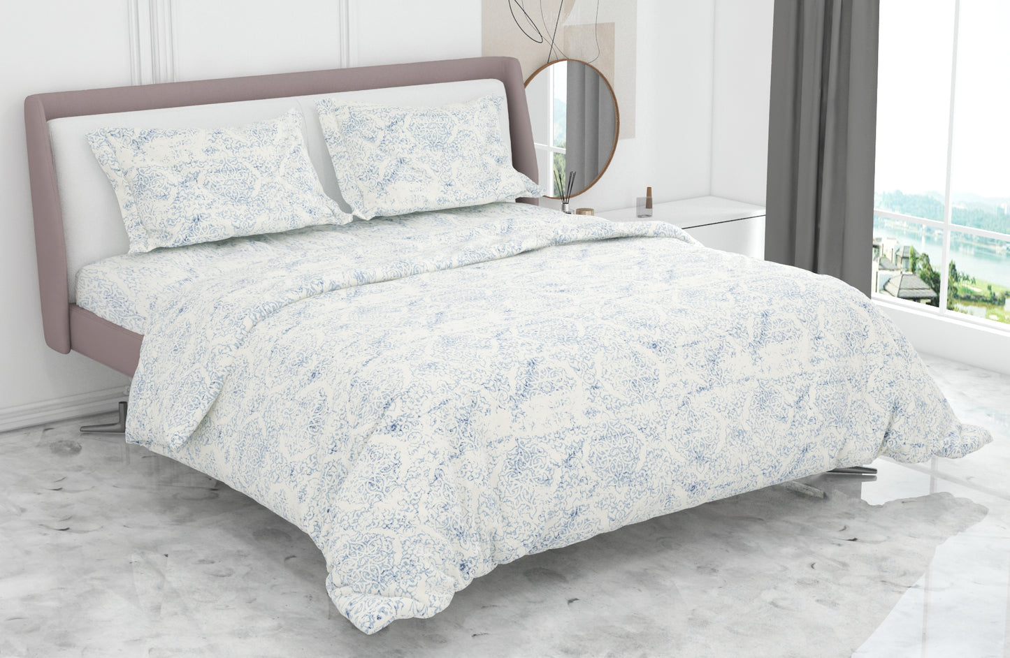 Premium Cotton King Size Double Bed Bedsheet With 2 Pillow Covers-Blue & White