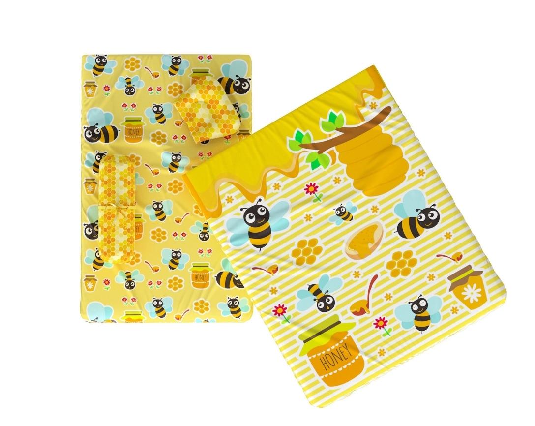 Newborn Cotton 5pc Bedding Set Honey Bee Theme (Gadda, Comforter, U Pillow, Bolsters)- Multicolor