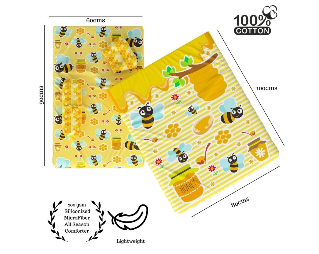 Newborn Cotton 5pc Bedding Set Honey Bee Theme (Gadda, Comforter, U Pillow, Bolsters)- Multicolor