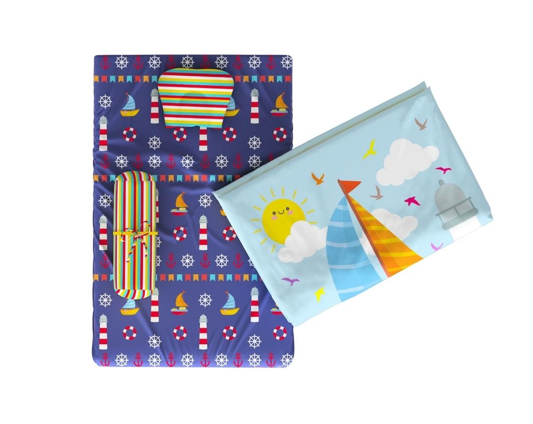 Newborn Cotton 5pc Bedding Set Boat Theme (Gadda, Comforter, U Pillow, Bolsters)- Blue