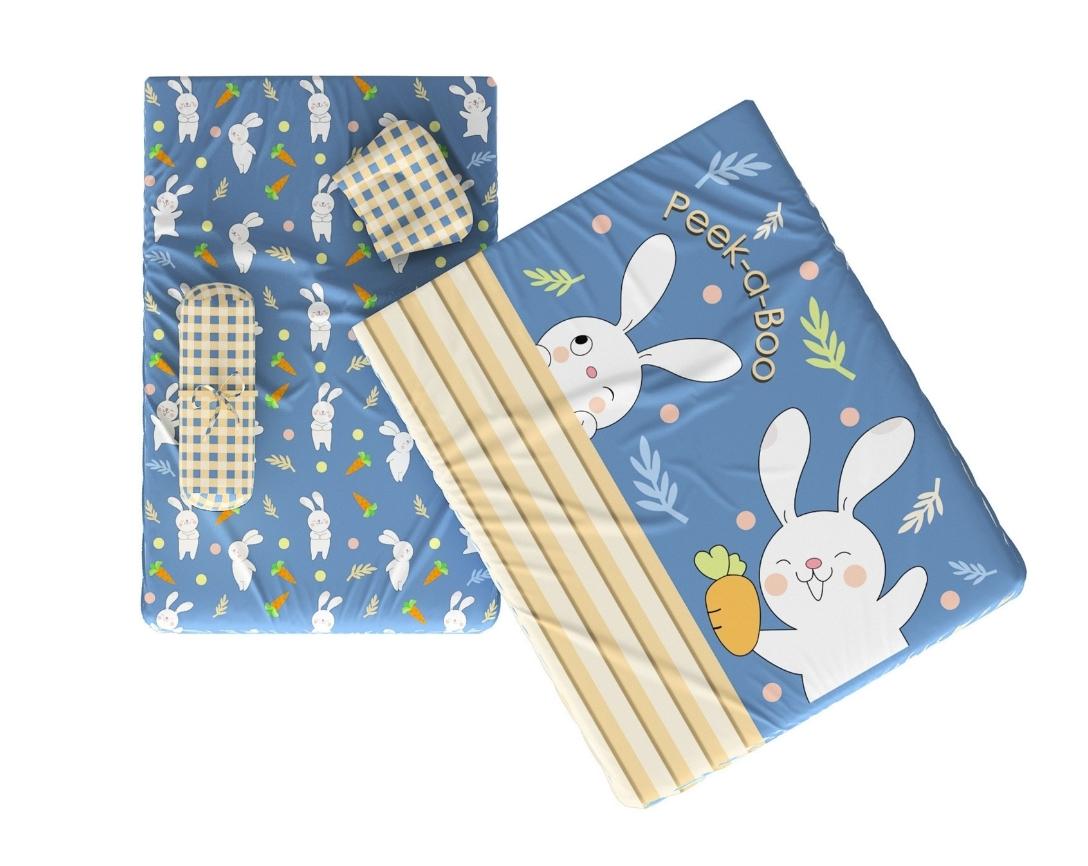 Newborn Cotton 5pc Bedding Set Peek a Boo Theme (Gadda, Comforter, U Pillow, Bolsters)- Navy Blue & Beige