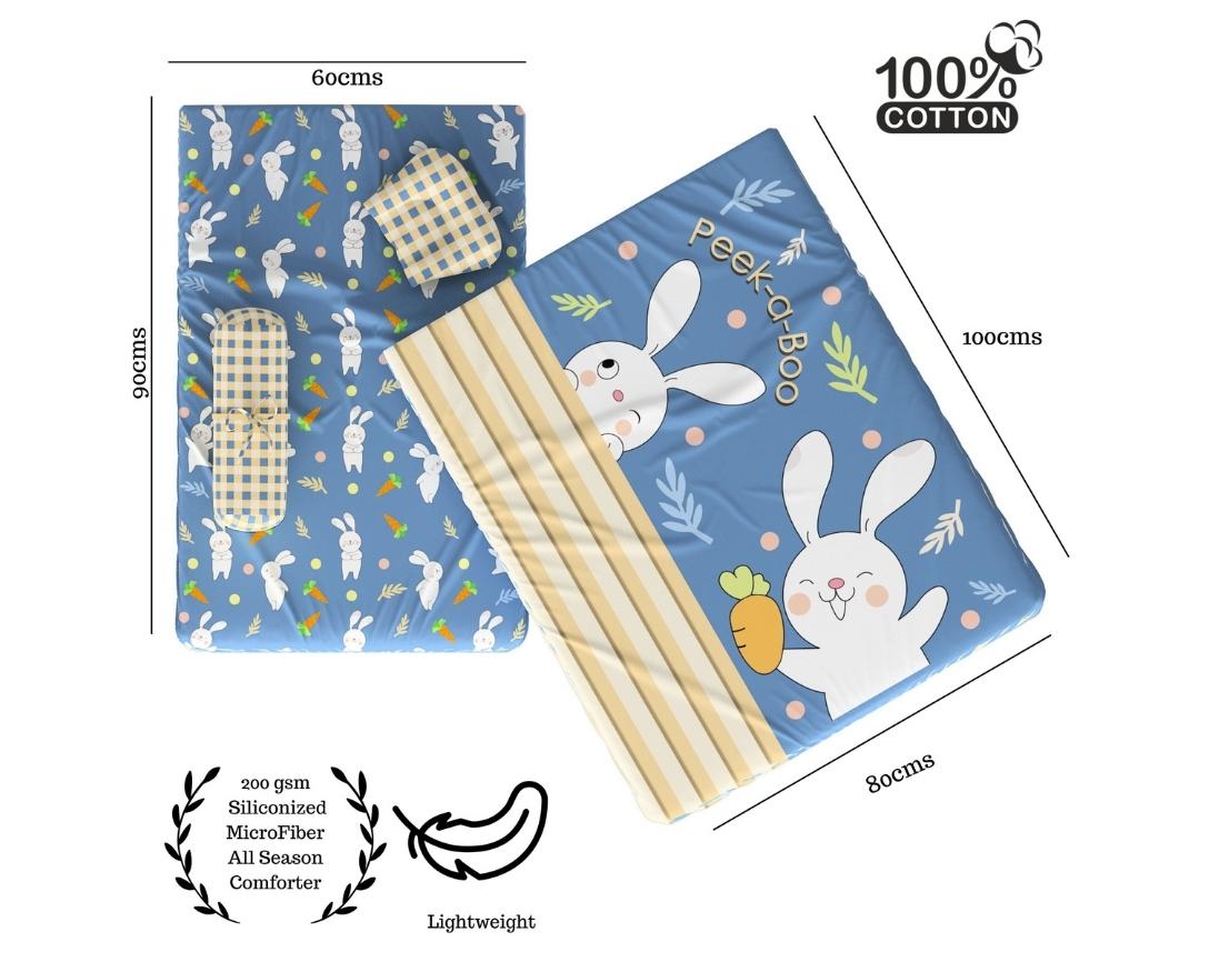 Newborn Cotton 5pc Bedding Set Peek a Boo Theme (Gadda, Comforter, U Pillow, Bolsters)- Navy Blue & Beige