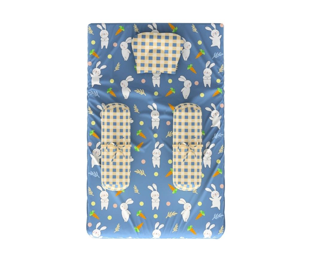 Newborn Cotton 5pc Bedding Set Peek a Boo Theme (Gadda, Comforter, U Pillow, Bolsters)- Navy Blue & Beige