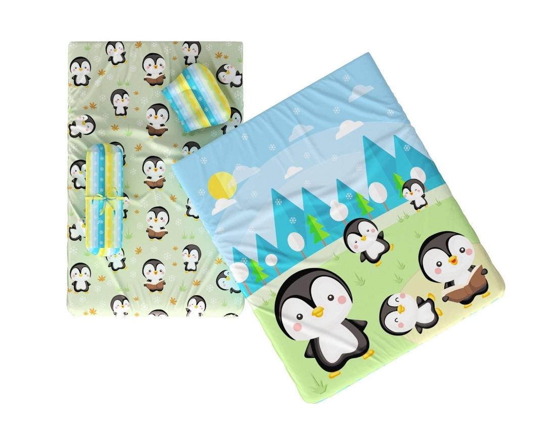Newborn Cotton 5pc Bedding Set Penguin Theme (Gadda, Comforter, U Pillow, Bolsters)- Green & Blue
