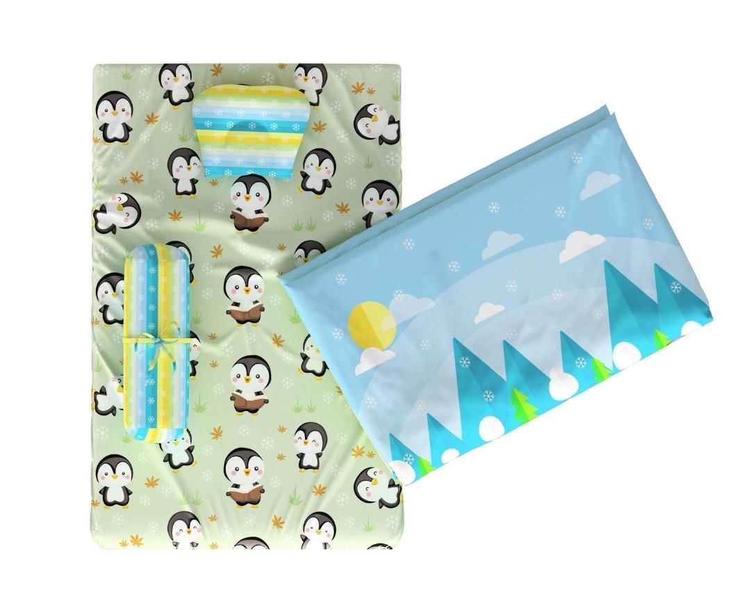 Newborn Cotton 5pc Bedding Set Penguin Theme (Gadda, Comforter, U Pillow, Bolsters)- Green & Blue