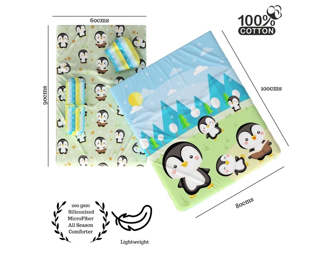 Newborn Cotton 5pc Bedding Set Penguin Theme (Gadda, Comforter, U Pillow, Bolsters)- Green & Blue