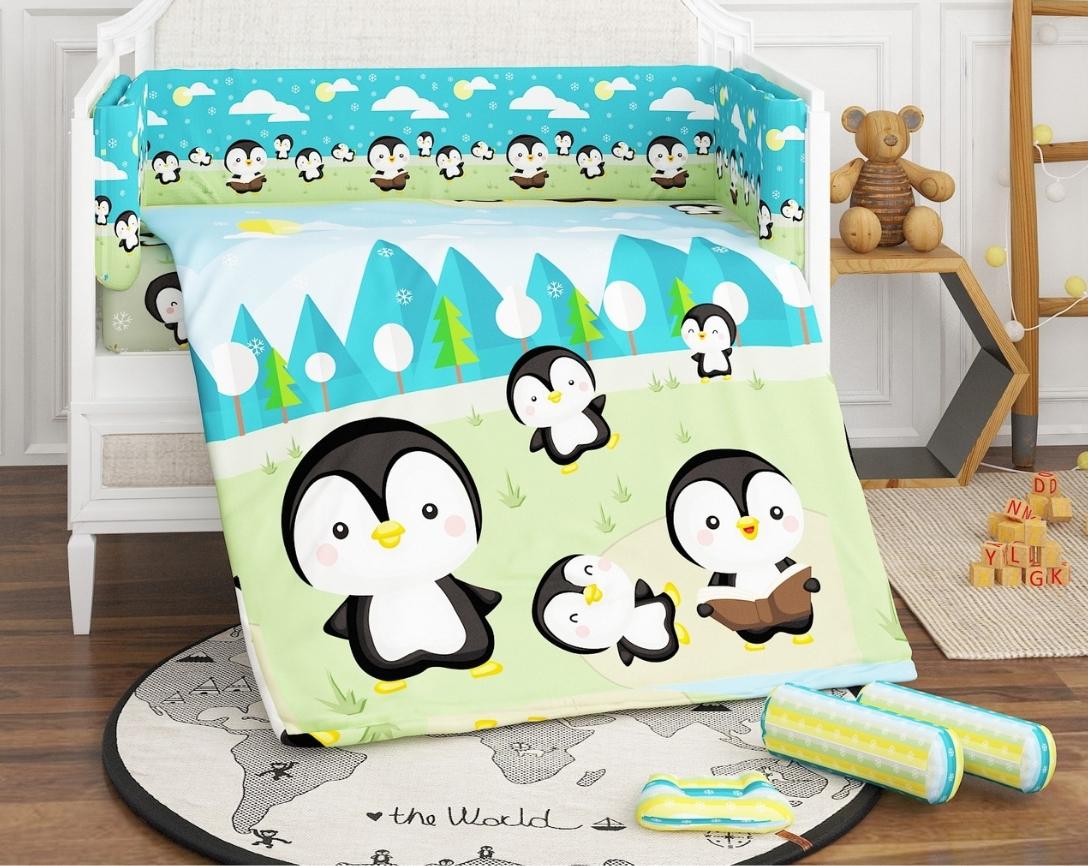 Newborn Cotton 6pc Cot Bedding Set Penguin Theme-Green & Blue