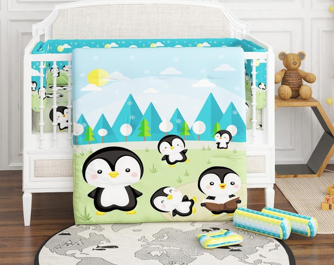 Newborn Cotton 6pc Cot Bedding Set Penguin Theme-Green & Blue