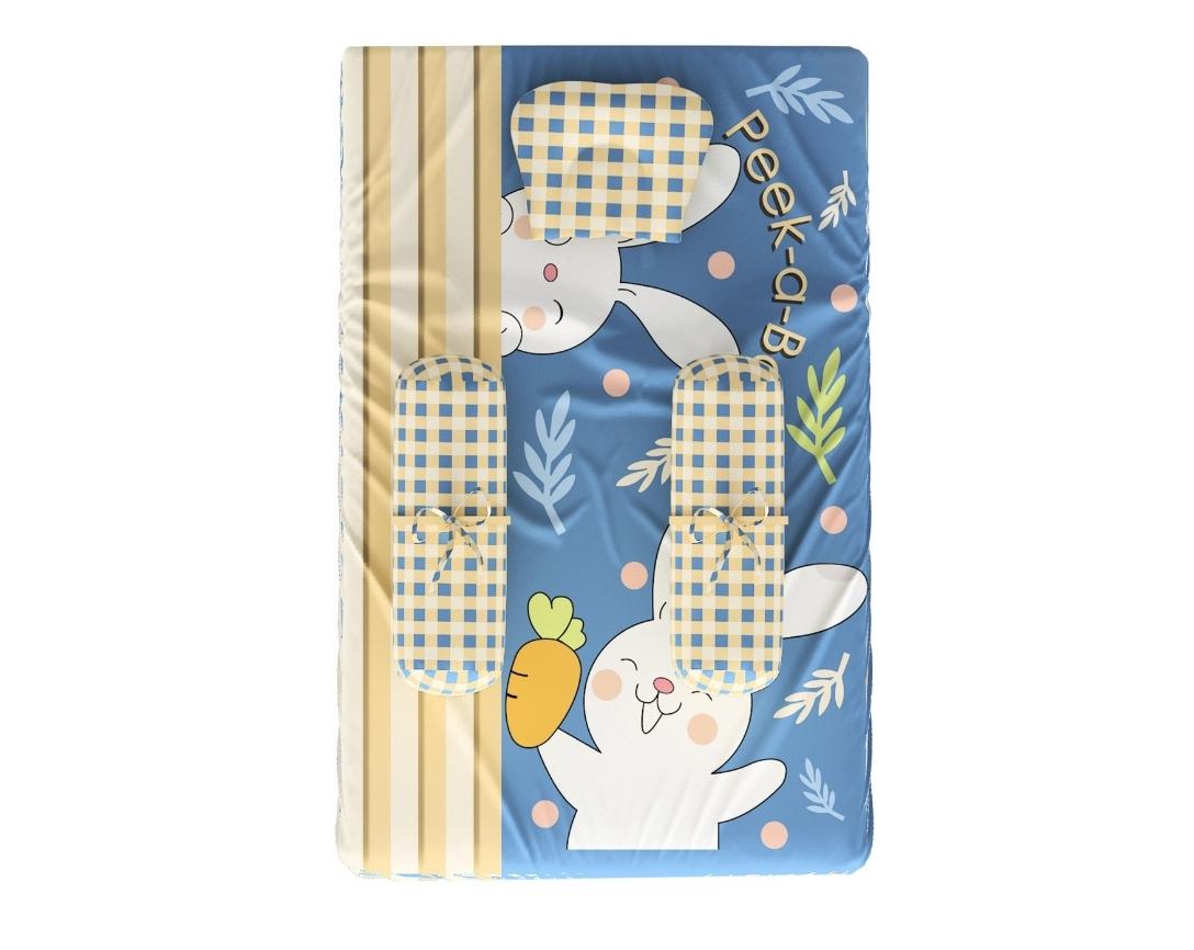 Newborn Cotton 4pc Cot Bedding Set Peek a Boo Theme (Gadda, U Pillow, Bolsters)- Navy Blue & Beige
