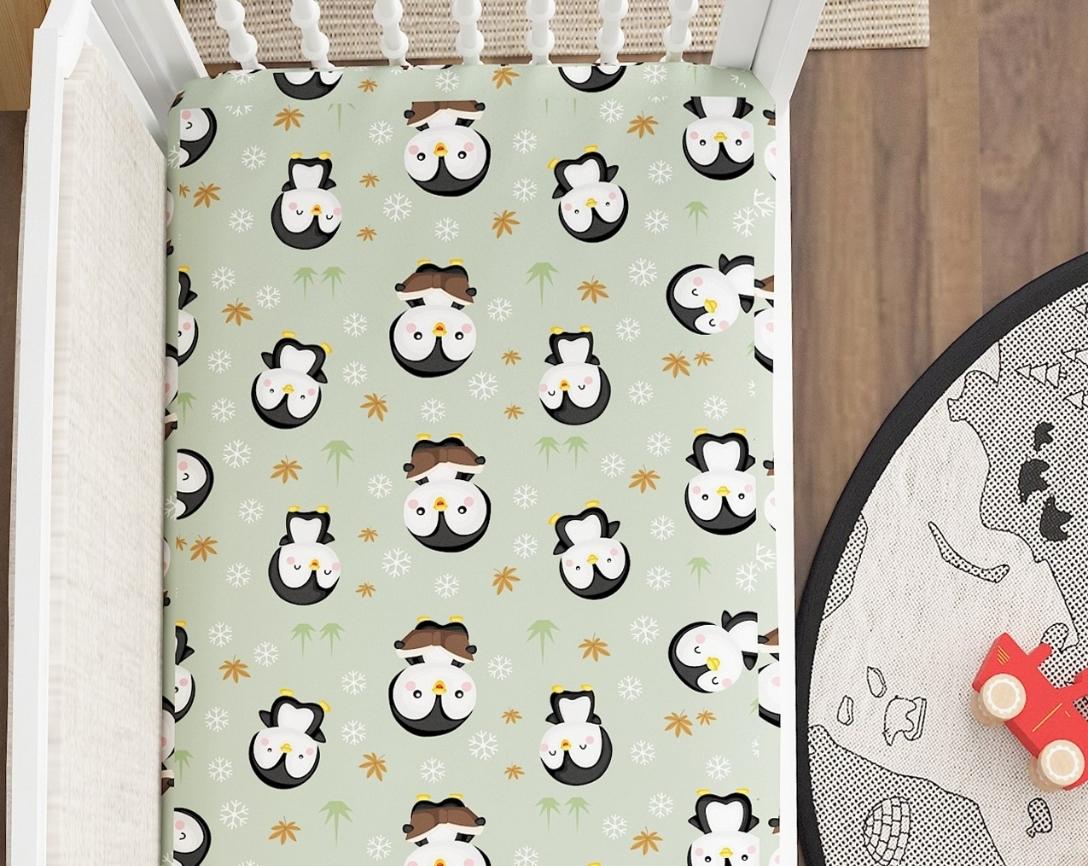 Newborn Cotton 6pc Cot Bedding Set Penguin Theme-Green & Blue