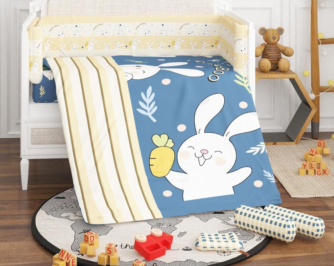 Newborn Cotton 6pc Cot Bedding Set Peek a Boo Theme-Navy Blue & Beige
