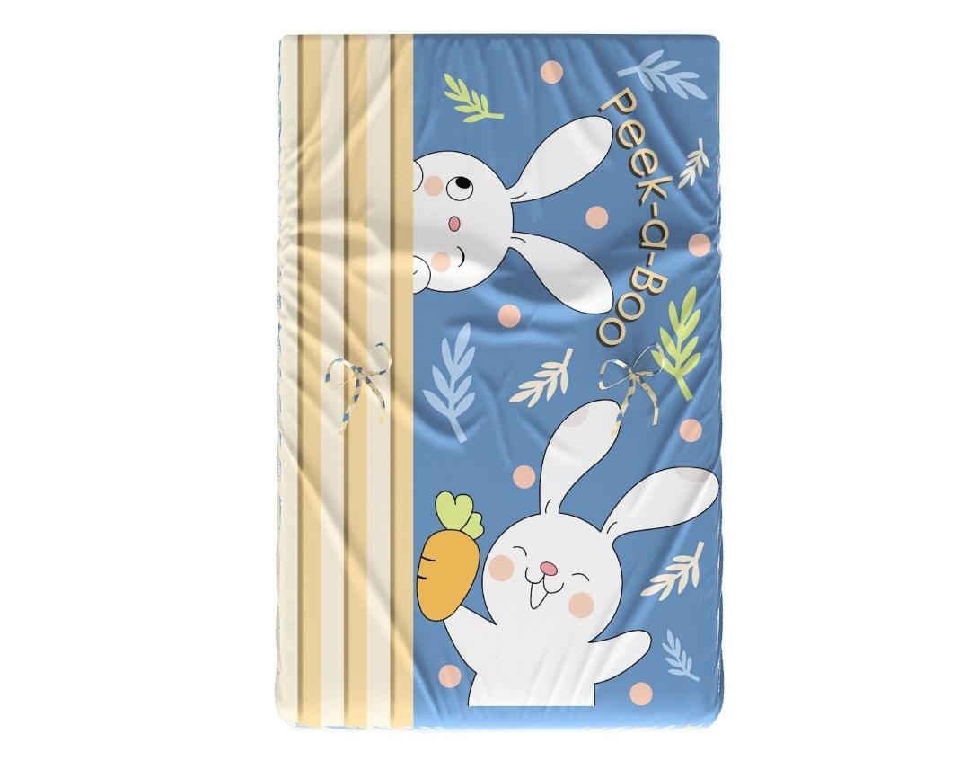 Newborn Cotton 4pc Cot Bedding Set Peek a Boo Theme (Gadda, U Pillow, Bolsters)- Navy Blue & Beige