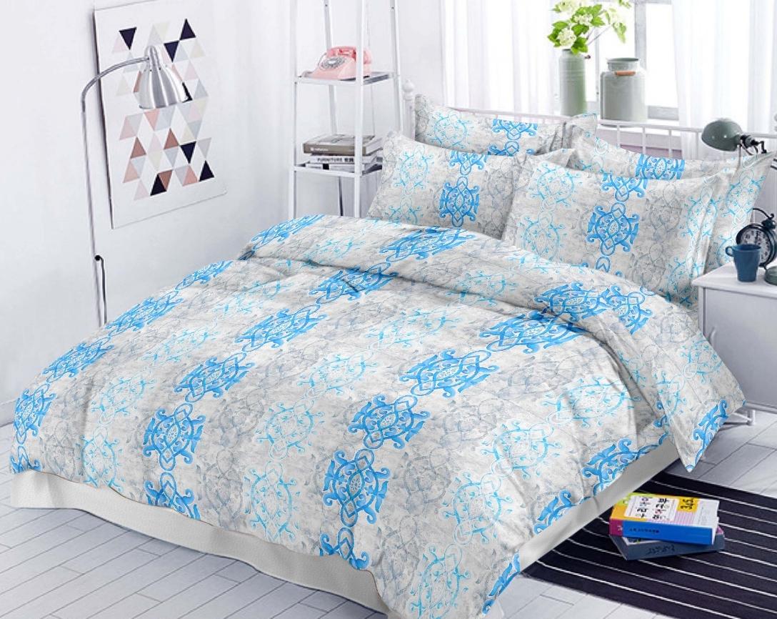 Premium Cotton King Size Double Bed Bedsheet With 2 Pillow Covers- Blue and Grey
