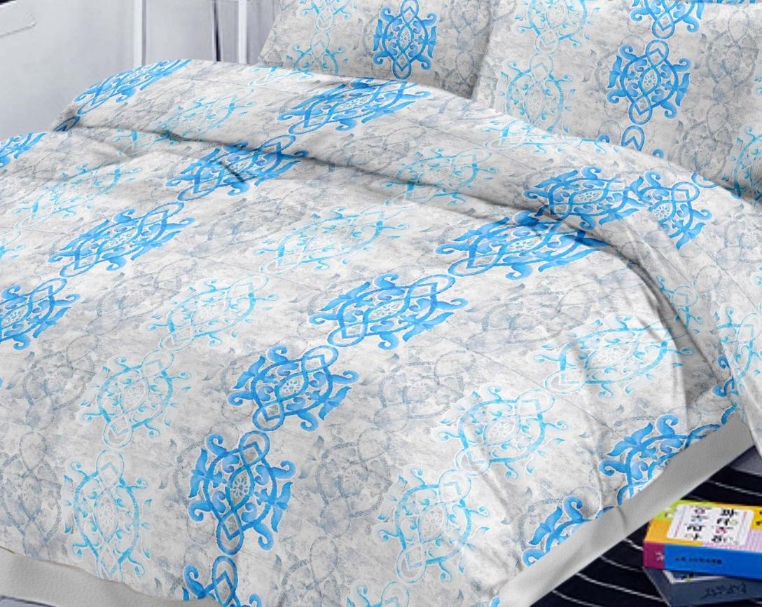 Premium Cotton King Size Double Bed Bedsheet With 2 Pillow Covers- Blue and Grey