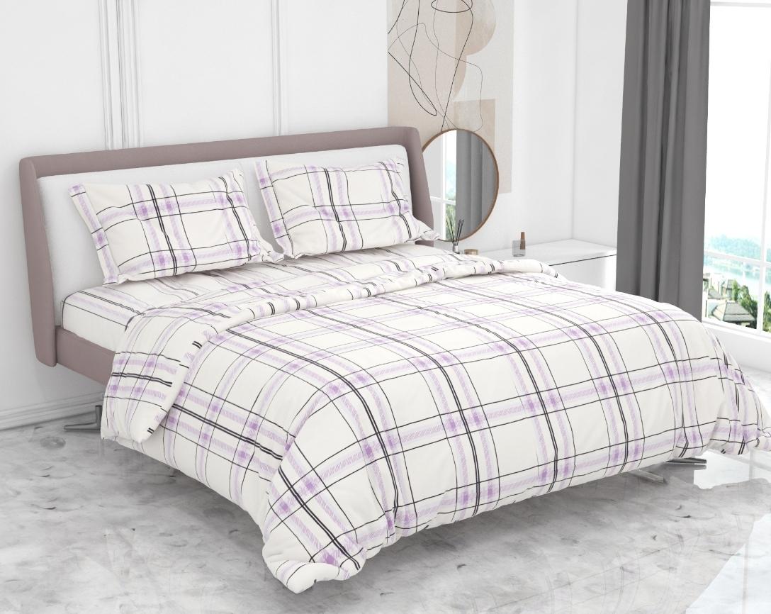 Premium Cotton King Size Double Bed Bedsheet With 2 Pillow Covers-White and Lavender Checks