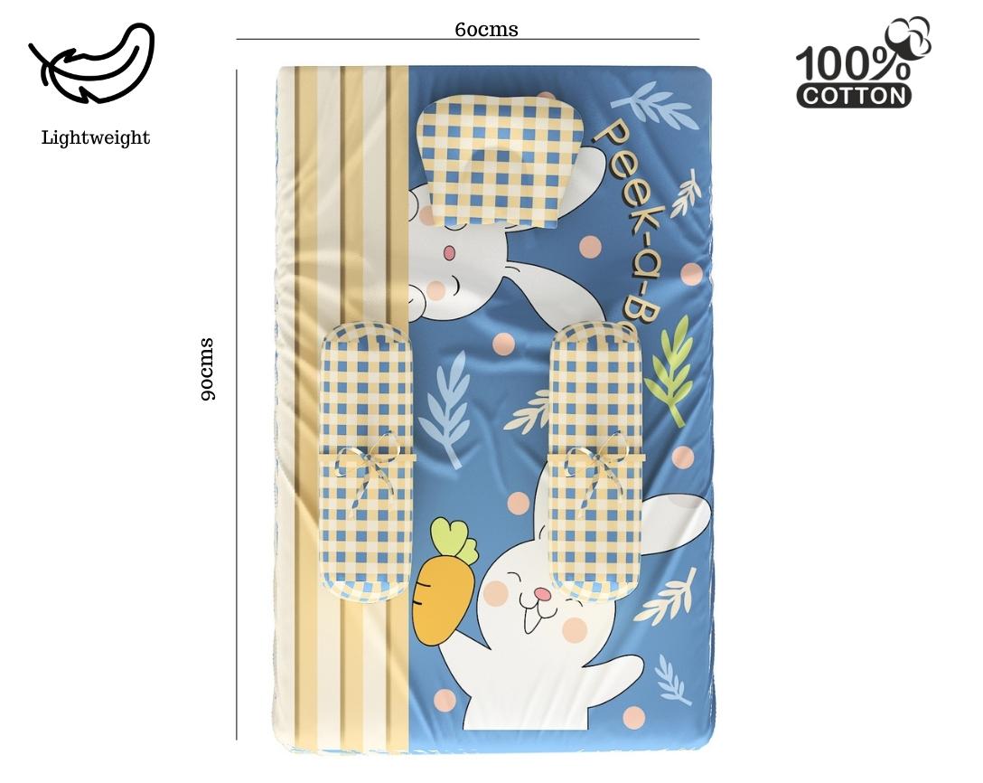 Newborn Cotton 4pc Cot Bedding Set Peek a Boo Theme (Gadda, U Pillow, Bolsters)- Navy Blue & Beige
