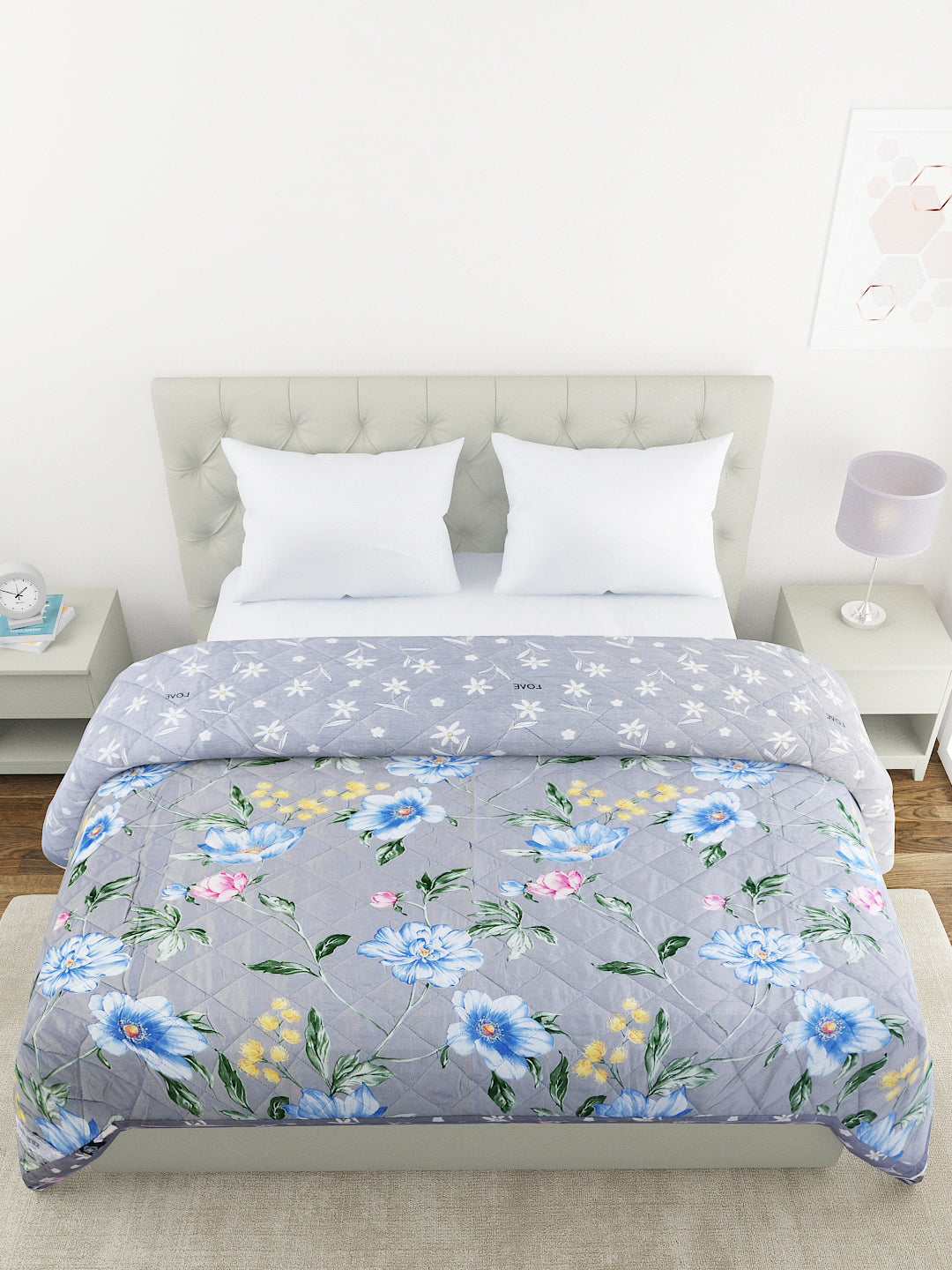 Floral Print Double Bed Light Weight Comforter- Multicolor Grey
