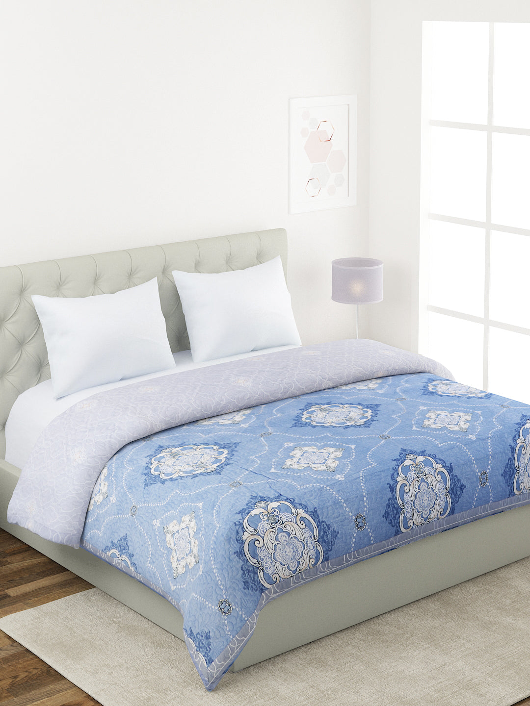 Floral Print Double Bed Light Weight Comforter- Blue and Grey