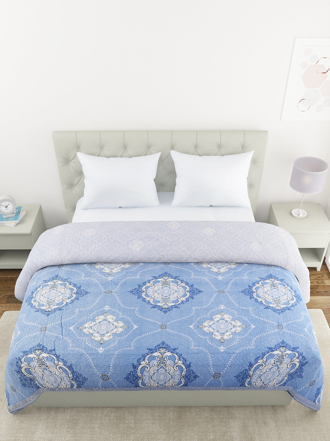 Floral Print Double Bed Light Weight Comforter- Blue and Grey