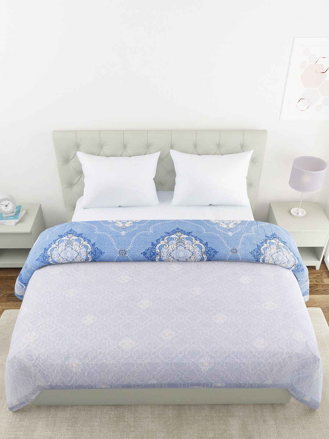 Floral Print Double Bed Light Weight Comforter- Blue and Grey