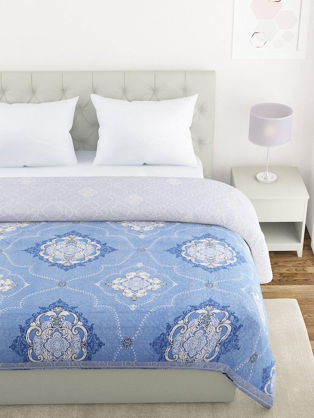 Floral Print Double Bed Light Weight Comforter- Blue and Grey