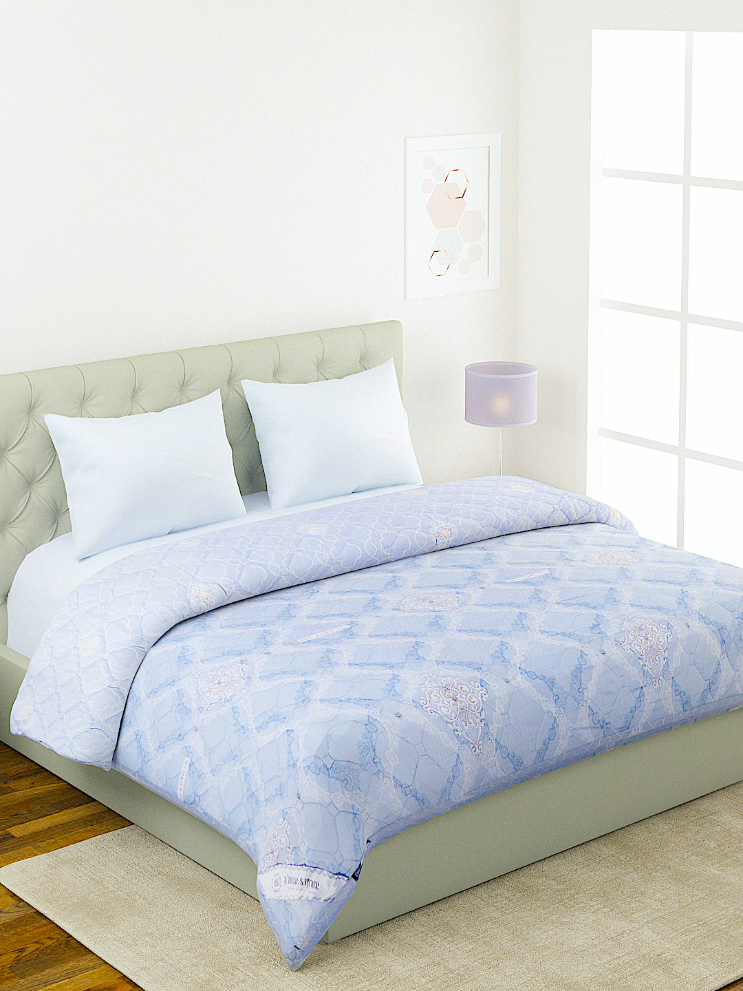 Floral Print Double Bed Light Weight Comforter- Light Blue