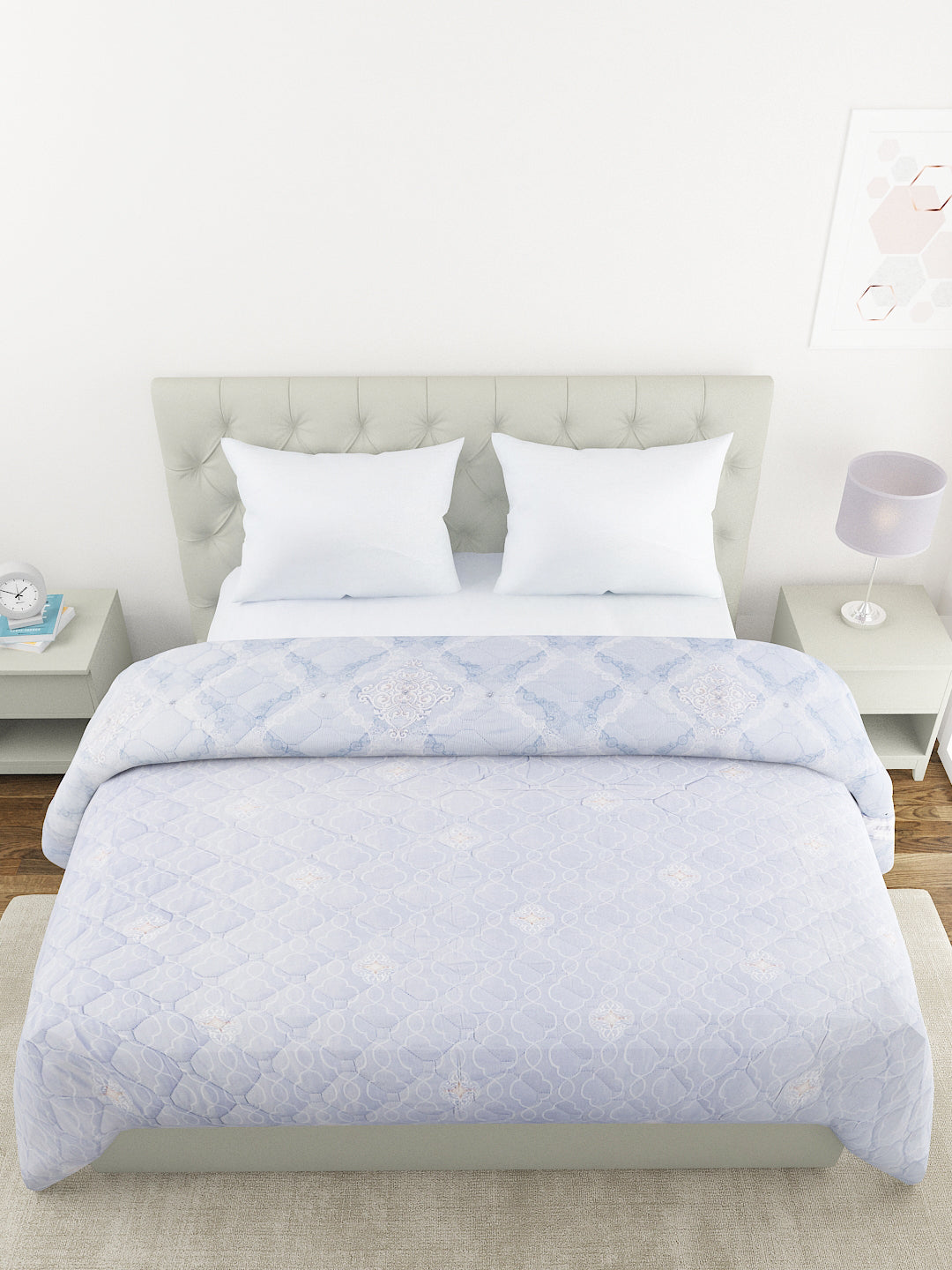 Floral Print Double Bed Light Weight Comforter- Light Blue
