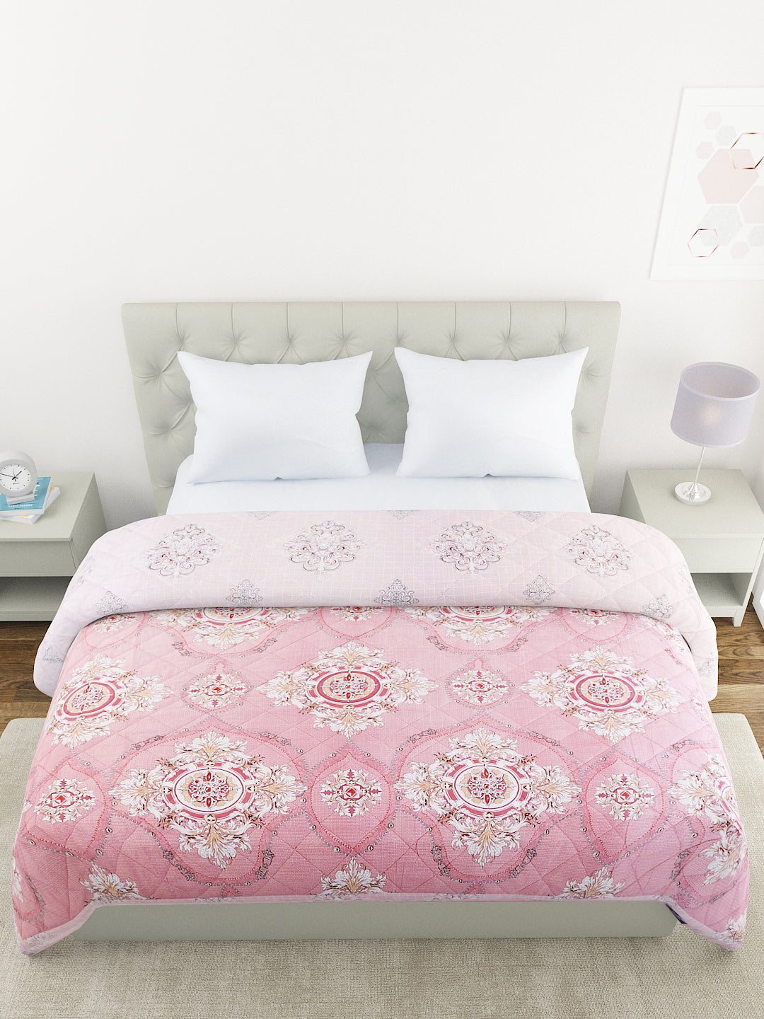 Floral Print Double Bed Light Weight Comforter- Light Pink