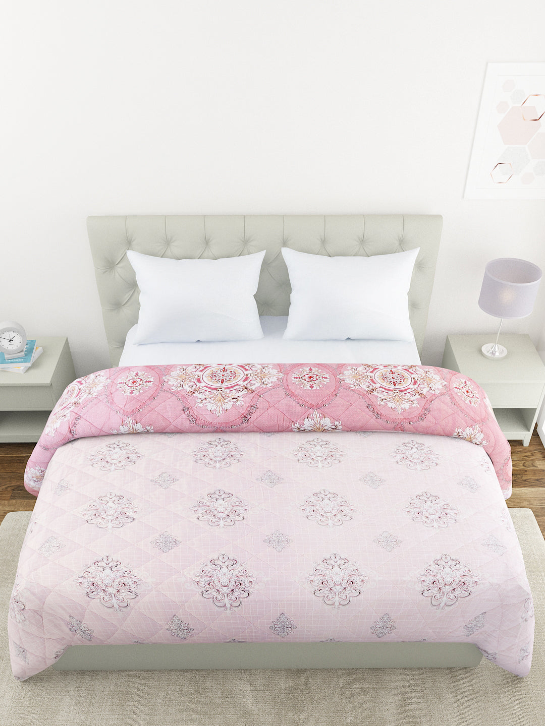 Floral Print Double Bed Light Weight Comforter- Light Pink