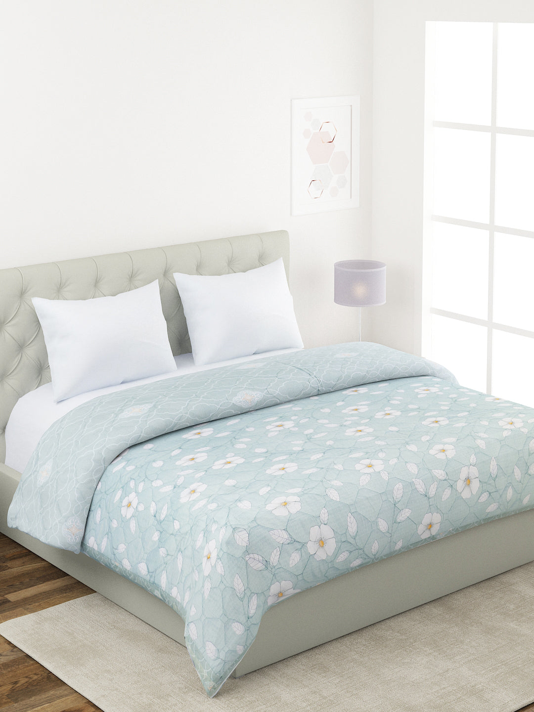 Floral Print Double Bed Light Weight Comforter- Sea Green