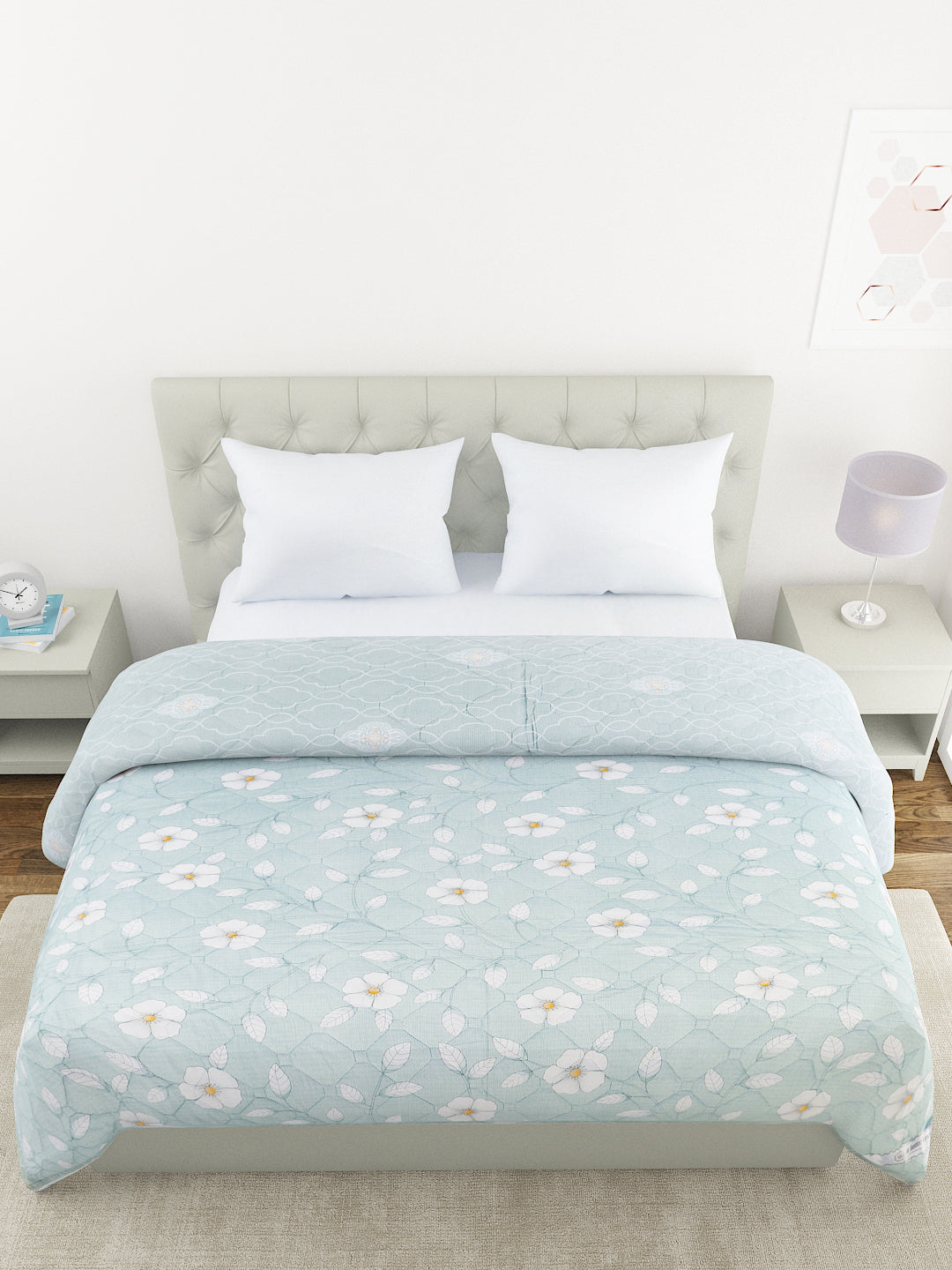 Floral Print Double Bed Light Weight Comforter- Sea Green