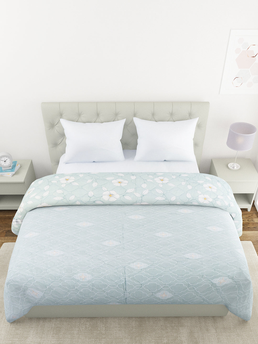 Floral Print Double Bed Light Weight Comforter- Sea Green
