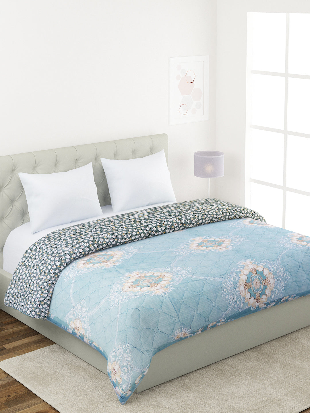 Floral Print Double Bed Light Weight Comforter- Sea Blue